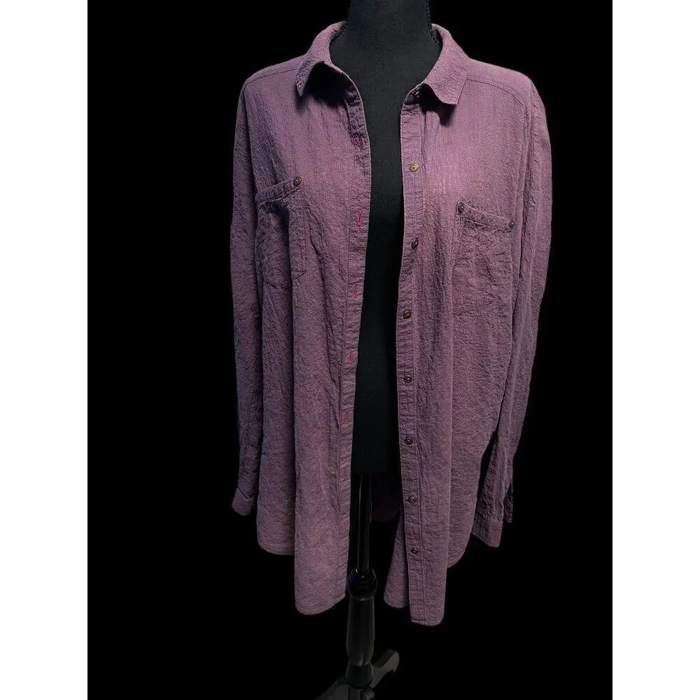 FREE PEOPLE Womens MEDIUM Textured Purple Button-Up Shirt With Pockets BEACH REL